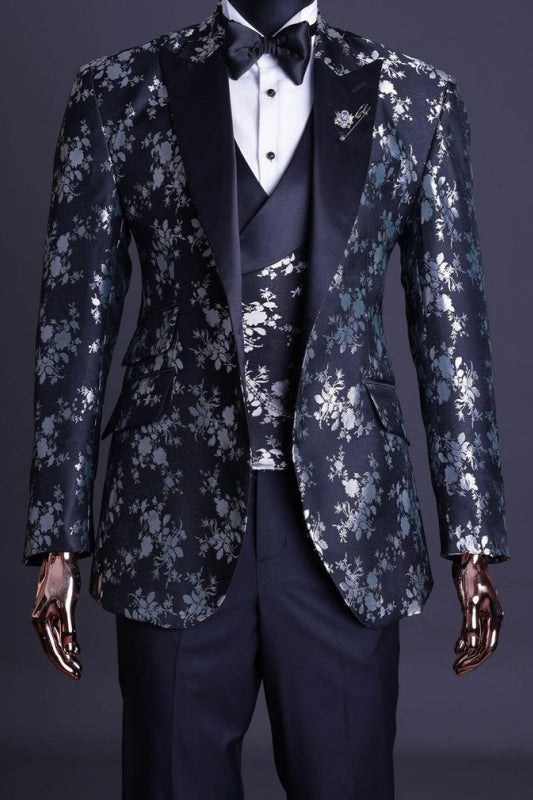 Chic Black Jacquard Peak Lapel Three-Piece Prom Suits