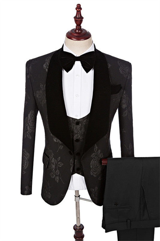 Chic Black Jacquard Three-Piece Shawl Collar Groom's Suit