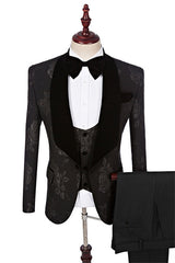Chic Black Jacquard Three-Piece Shawl Collar Groom's Suit