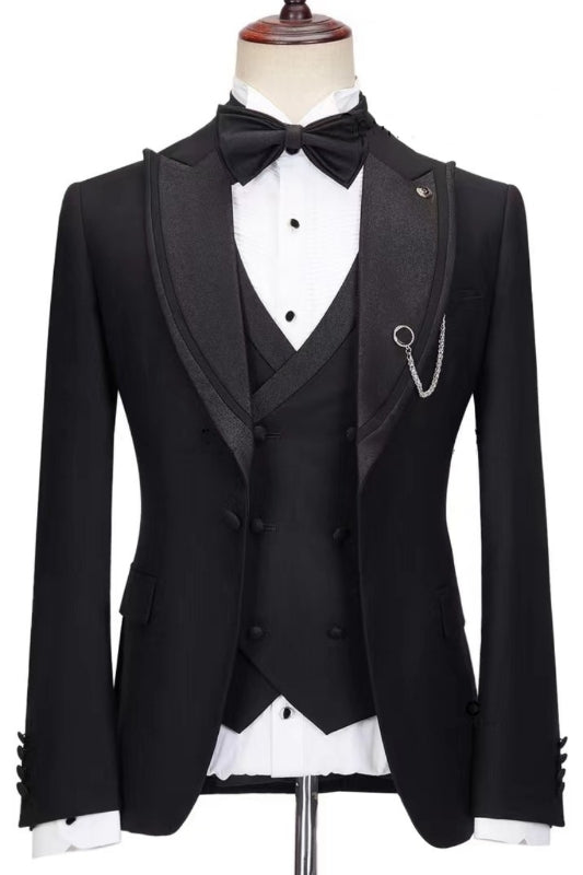 Chic Black Peak Lapel Three-Piece Prom Suit