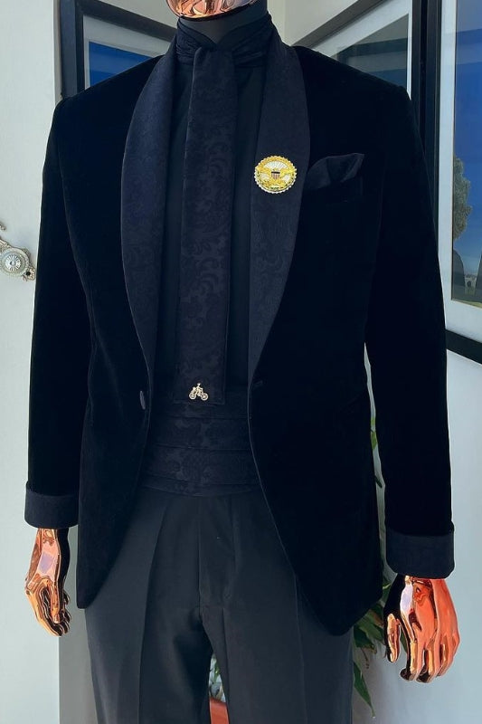 Chic Black Shawl Collar Two-Piece Velvet Wedding Ensemble For Men