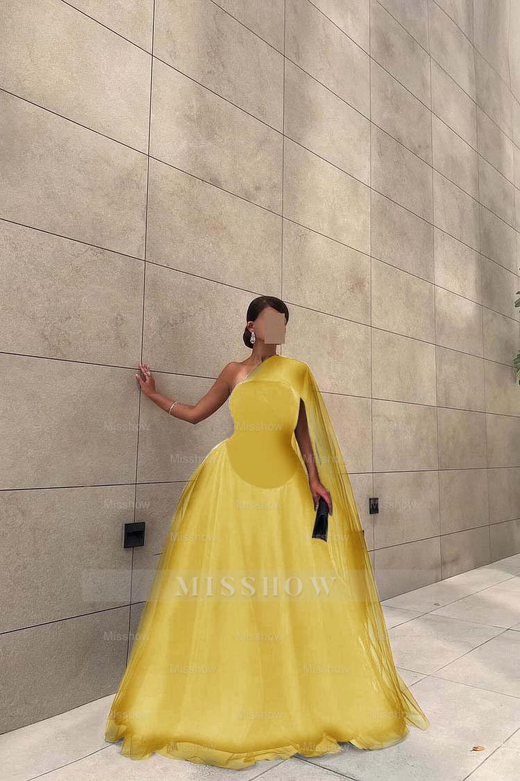 Chic Black Tulle One Shoulder Sleeveless Ball Gown Long Formal Dress