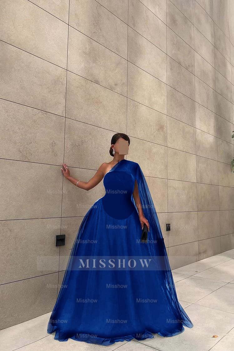 Chic Black Tulle One Shoulder Sleeveless Ball Gown Long Formal Dress