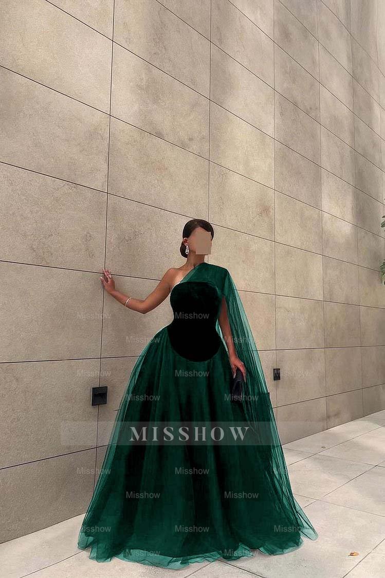 Chic Black Tulle One Shoulder Sleeveless Ball Gown Long Formal Dress