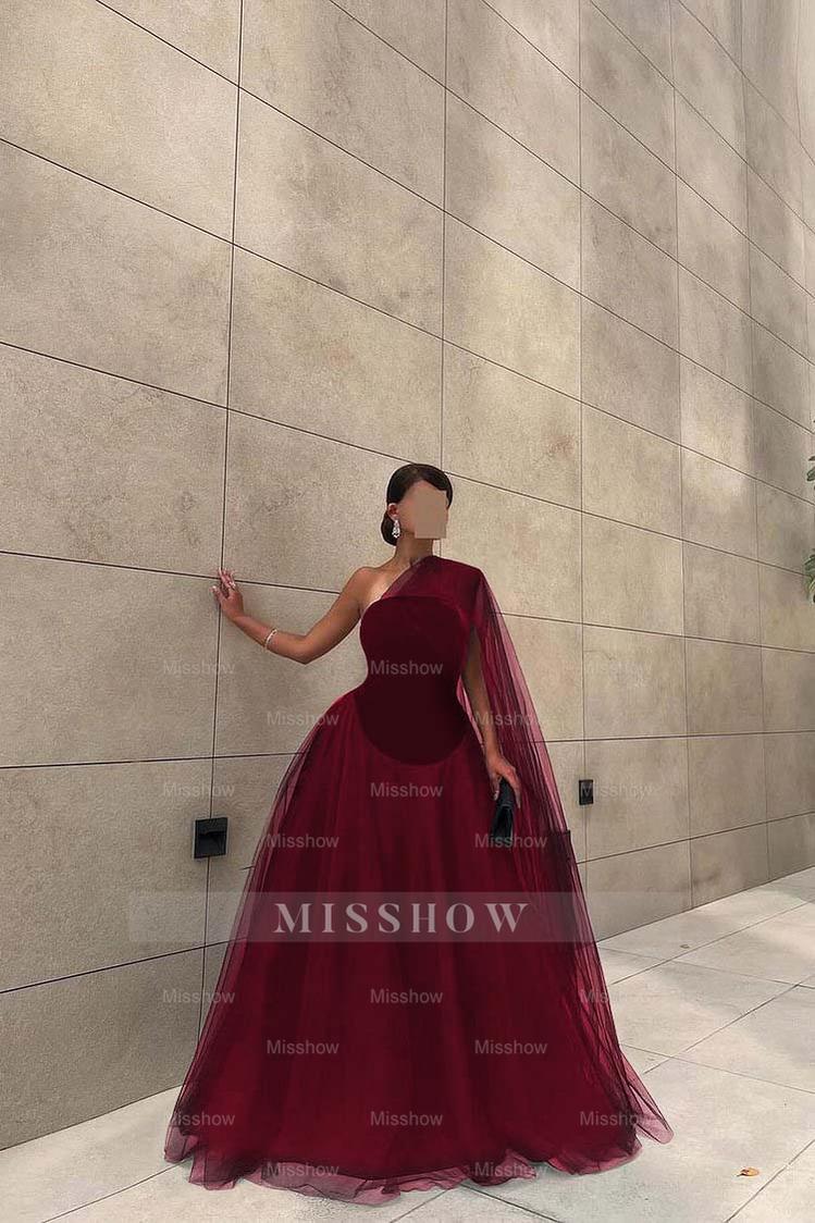 Chic Black Tulle One Shoulder Sleeveless Ball Gown Long Formal Dress