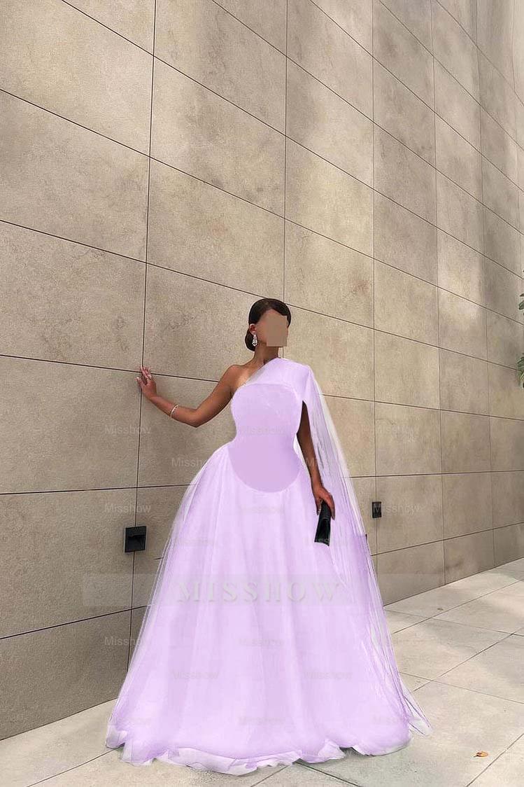 Chic Black Tulle One Shoulder Sleeveless Ball Gown Long Formal Dress