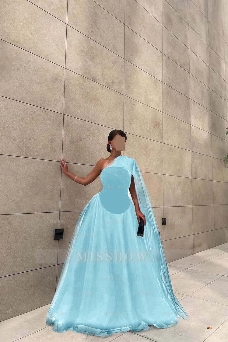 Chic Black Tulle One Shoulder Sleeveless Ball Gown Long Formal Dress