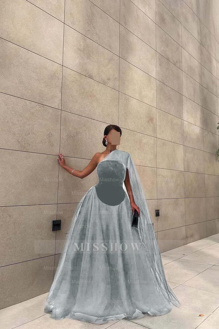 Chic Black Tulle One Shoulder Sleeveless Ball Gown Long Formal Dress