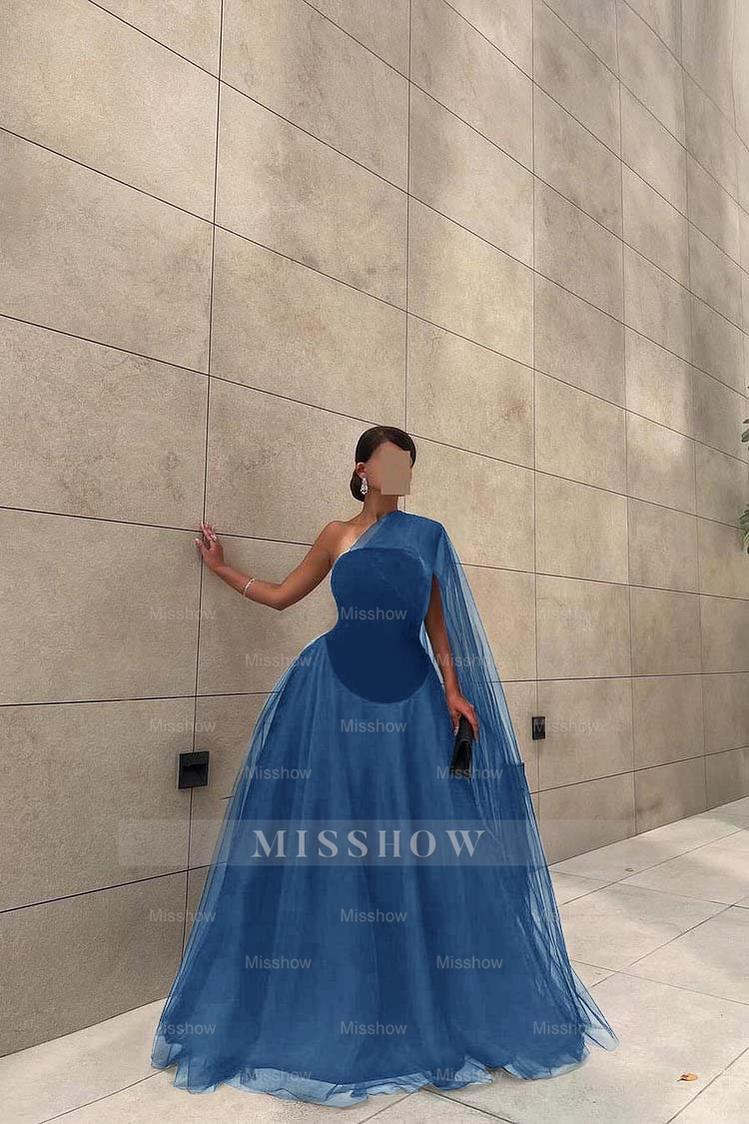 Chic Black Tulle One Shoulder Sleeveless Ball Gown Long Formal Dress