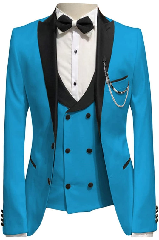 Chic Blue Peaked Lapel Three-Piece Prom Suit