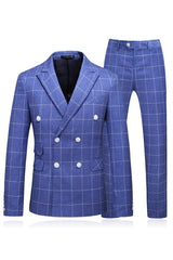 Chic Blue Plaid Two-Piece Peaked Lapel Business Suit