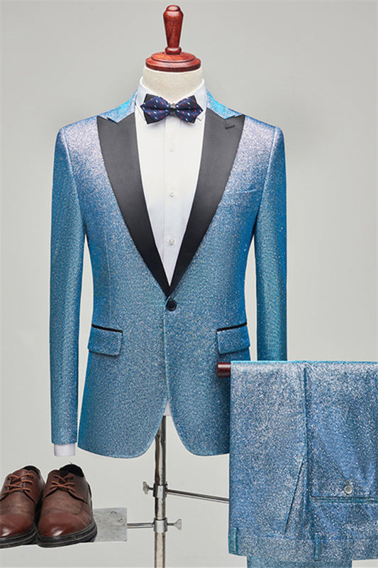Chic Blue Sequined Peaked Lapel Two-Piece Prom Suit