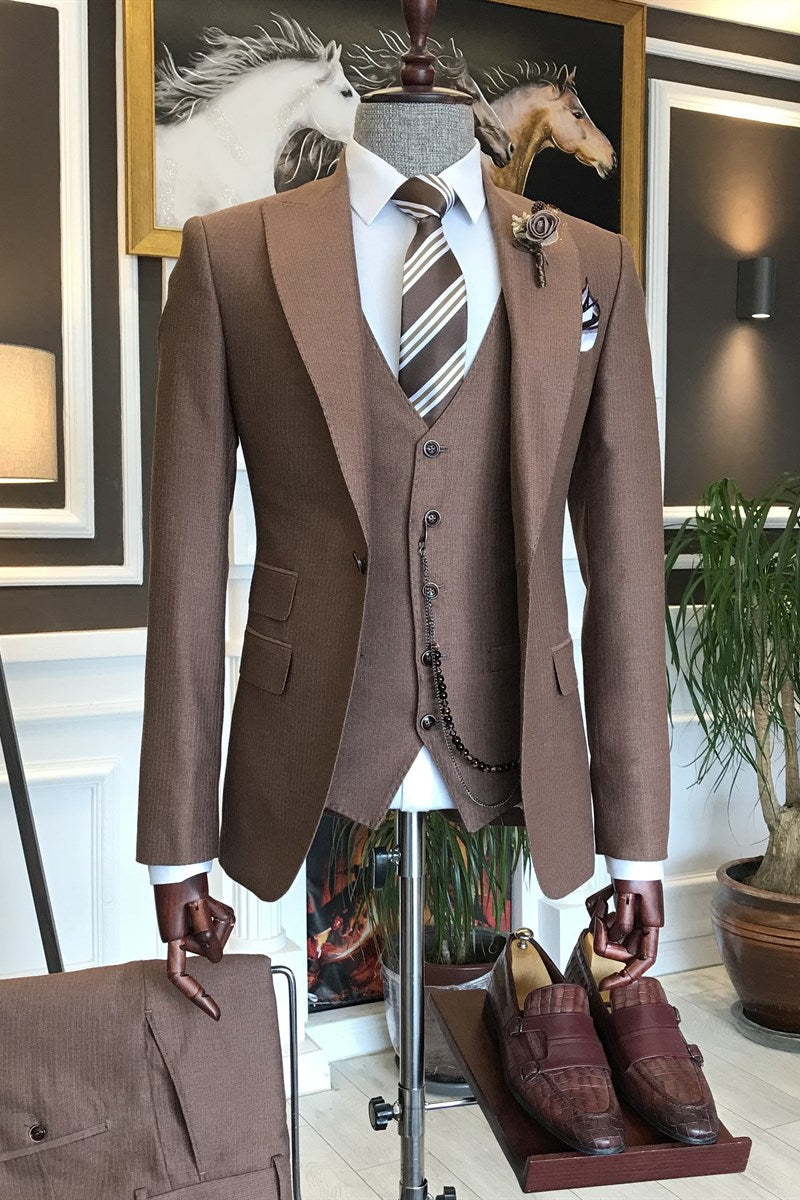 Chic Brown Peaked Lapel Three-Piece Best Fit Business Men’s Suit