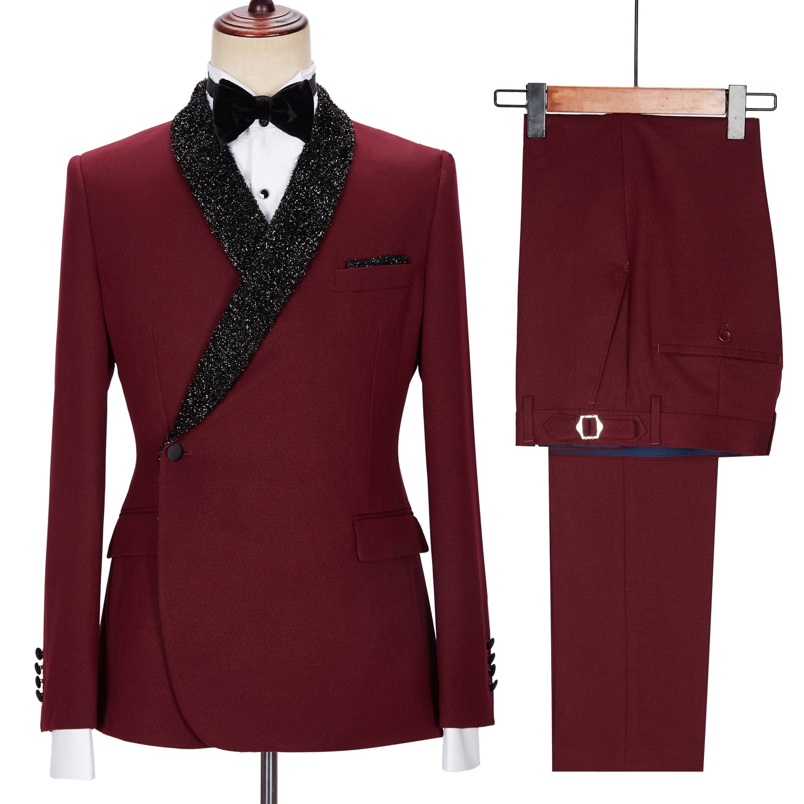 Chic Burgundy Sparkling Shawl Lapel Two-Piece Men’s Suit