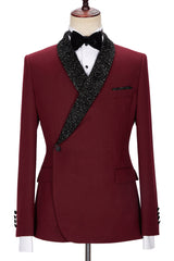 Chic Burgundy Sparkling Shawl Lapel Two-Piece Men’s Suit