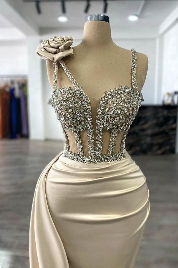 Chic Champagne Column Spaghetti Strap Sweetheart Sleeveless Panel Train Long Satin Evening Dresses With Rhinestones