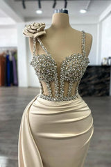 Chic Champagne Column Spaghetti Strap Sweetheart Sleeveless Panel Train Long Satin Evening Dresses With Rhinestones