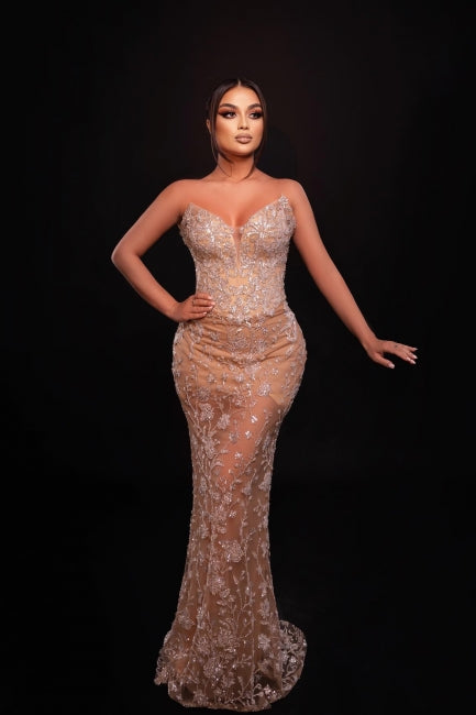 Chic Champagne Mermaid Sweetheart Sequined Sleeveless Long Lace Evening Dress With Appliques