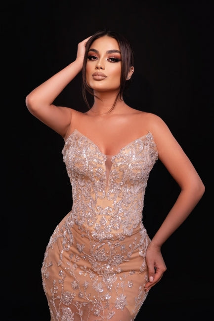 Chic Champagne Mermaid Sweetheart Sequined Sleeveless Long Lace Evening Dress With Appliques