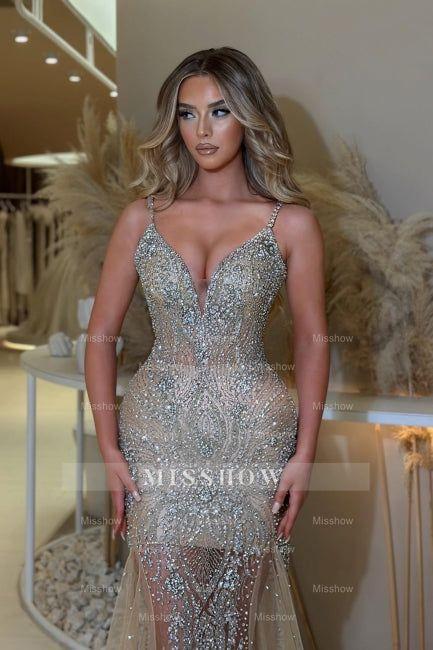 Champagne v-neck rhinestone mermaid prom dress