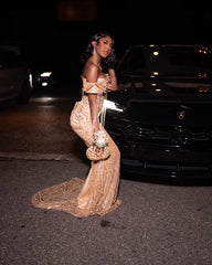 Chic Champagne Off-The-Shoulder Sleeveless Mermaid Prom Dress with Rhinestones and Beadings