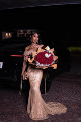 Chic Champagne Off-The-Shoulder Sleeveless Mermaid Prom Dress with Rhinestones and Beadings