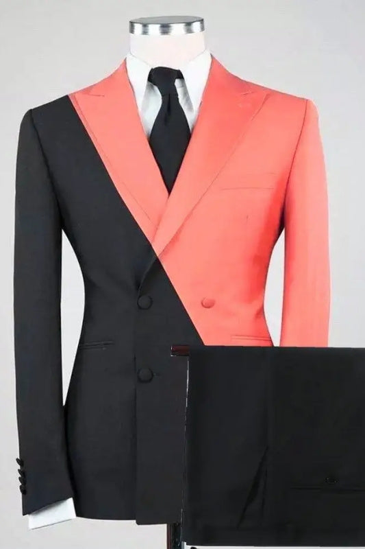 Chic Coral Peaked Lapel Double Breasted Prom Outfit