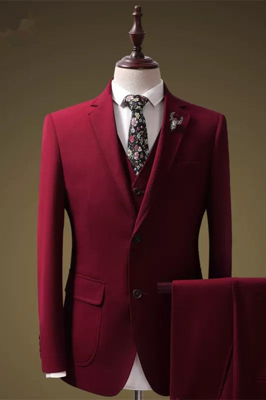 Chic Crimson Three Piece Notched Lapel Prom Attire For Men