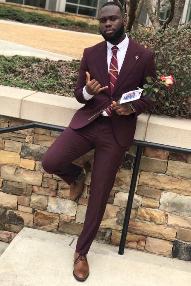 Chic Dark Burgundy Fashion One Button Peak Lapel Men’s Suits