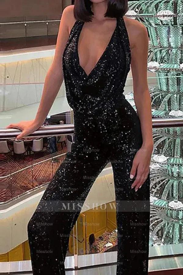Chic Dark Green V-Neck Sleeveless Sequins Long Jump Suit