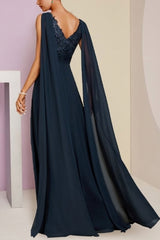 Chic Dark Navy A-Line V-Neck Sequined Sleeveless Chiffon Evening Dresses With Appliques