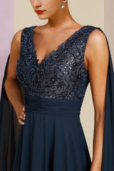 Chic Dark Navy A-Line V-Neck Sequined Sleeveless Chiffon Evening Dresses With Appliques