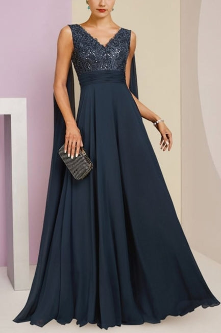 Chic Dark Navy A-Line V-Neck Sequined Sleeveless Chiffon Evening Dresses With Appliques