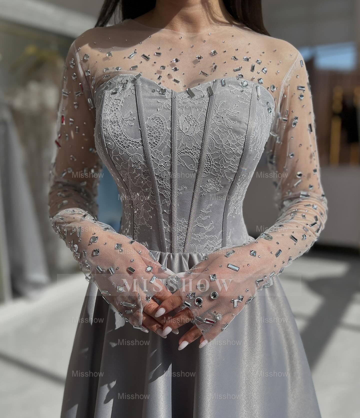 Chic Dusty Blue Long A-Line Sweetheart Long-Sleeve Formal Dress with Rhinestones and Ruffles