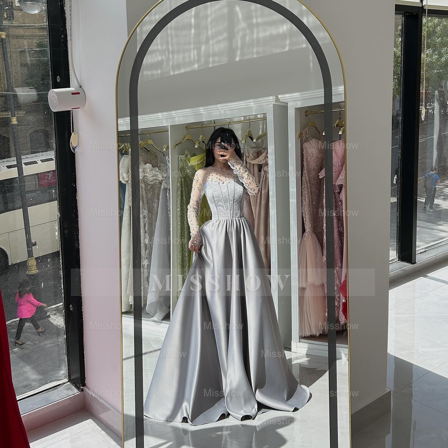 Chic Dusty Blue Long A-Line Sweetheart Long-Sleeve Formal Dress with Rhinestones and Ruffles