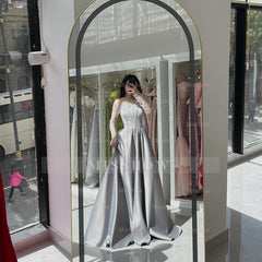 Chic Dusty Blue Long A-Line Sweetheart Long-Sleeve Formal Dress with Rhinestones and Ruffles