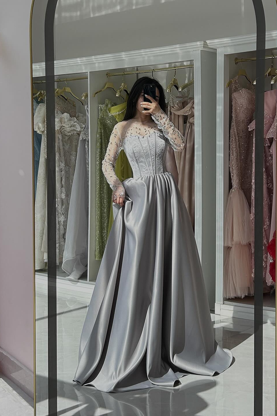 Chic Dusty Blue Long A-Line Sweetheart Long-Sleeve Formal Dress with Rhinestones and Ruffles