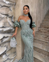 Chic Dusty Sage Mermaid Sweetheart Sleeveless Beaded Long Formal Dress With Rhinestones