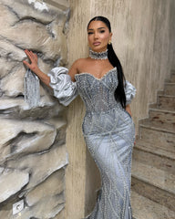 Chic Dusty Sage Mermaid Sweetheart Sleeveless Beaded Long Formal Dress With Rhinestones
