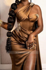 Brown one shoulder split-front mermaid prom dress