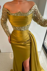 Chic Gold Mermaid Strapless Off-The-Shoulder Sequined Long Sleeves Ruffle Panel Train Satin Evening Dresses