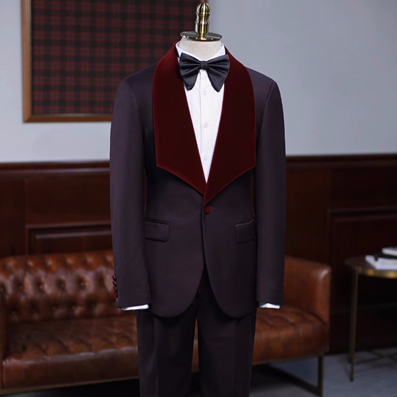 Chic Grape Wedding Attire With Burgundy Velvet Shawl Collar