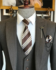 Chic Gray Stripe Peak Lapel Three-Piece Business Ensemble