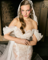Chic Ivory Column Strapless Lace Off-The-Shoulder Beaded Sleeveless Wedding Dress With Slit