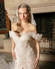 Chic Ivory Column Strapless Lace Off-The-Shoulder Beaded Sleeveless Wedding Dress With Slit