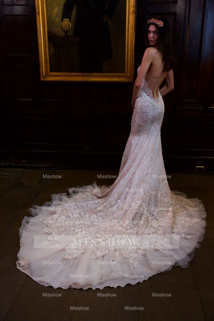 Chic Ivory Strapless Sweetheart Long Mermaid Wedding Dress with Lace