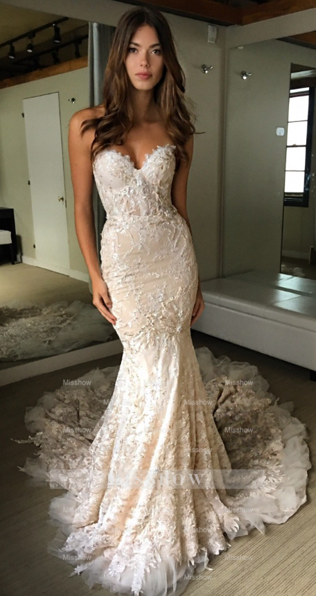 Chic Ivory Strapless Sweetheart Long Mermaid Wedding Dress with Lace