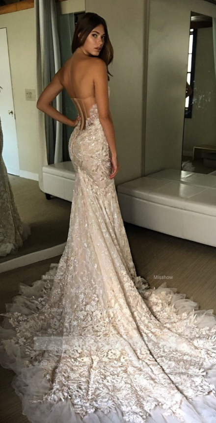 Chic Ivory Strapless Sweetheart Long Mermaid Wedding Dress with Lace