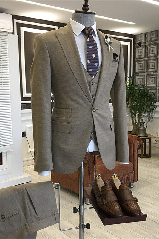 Chic Khaki Peaked Lapel Three-Piece Business Suit