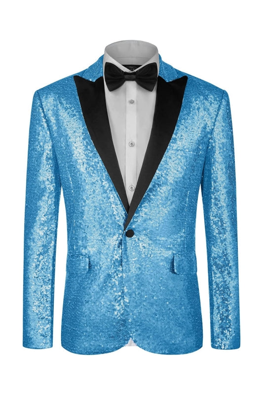Chic Light Blue Peaked Lapel Sequined Prom Suit For Men